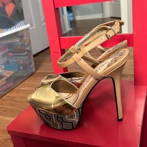 Sam and Libby gold chrome platform high heels geometric EUC